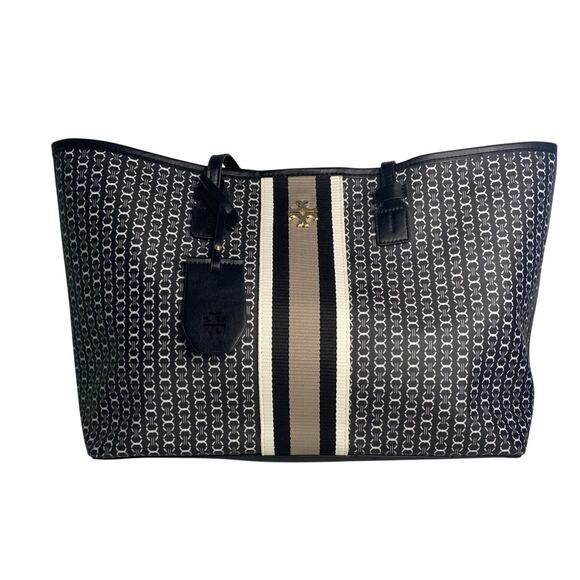 Tory Burch Handbags - Tory Burch Womens Canvas Tote Shoulder Bag Gemini Link Black Geo Large